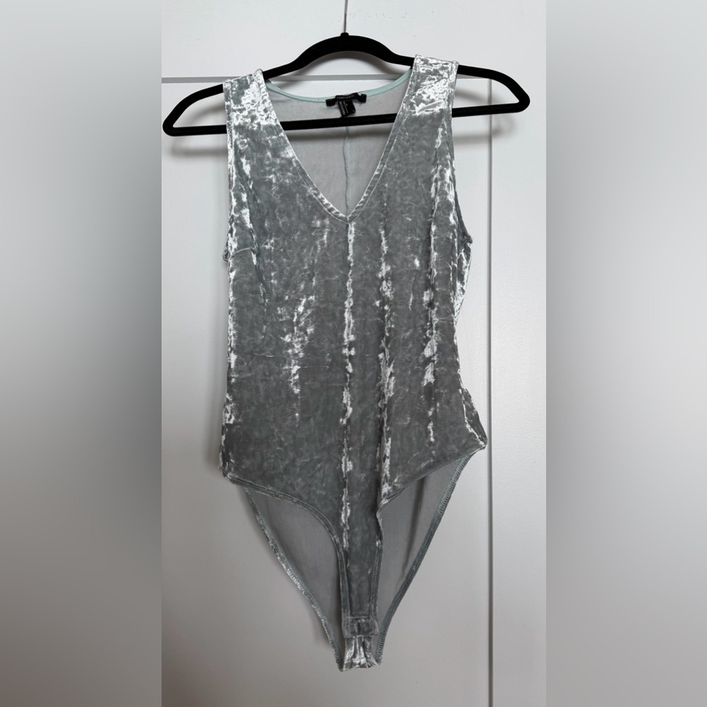 Forever 21 Liquid Silver Crushed Velvet Bodysuit Plunging V-Neck L